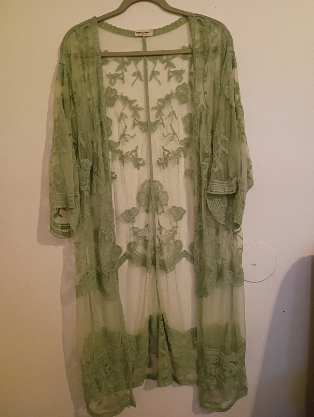 Anna-Kaci Sage Green Sheer Embroidered‎ Lace Cardigan Sz L